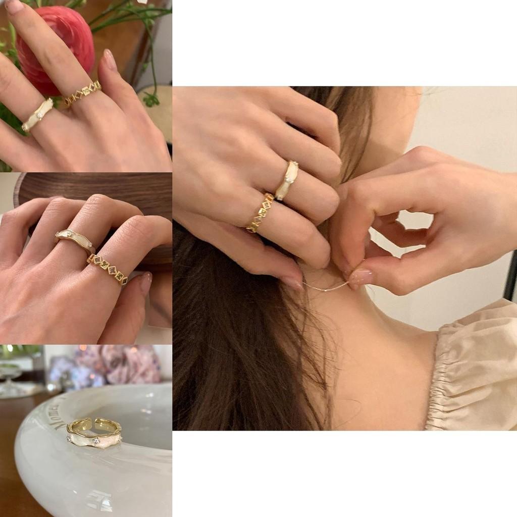 Fashionable Korean Style Adjustable Open Ring With Unique Drip Glaze And Rhinestones