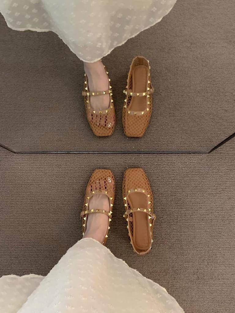 French Hollow Naked Apricot Gentle Rivet Temperament Sandals Summer Fairy Bohemian Vacation Mary Jane Single Shoes