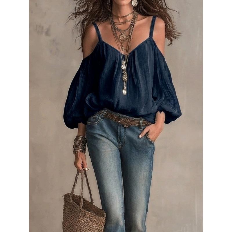 Camicia Casual da Donna a Maniche Lunghe a Bolla, Scollo a V, Colore Unito, per Vacanze