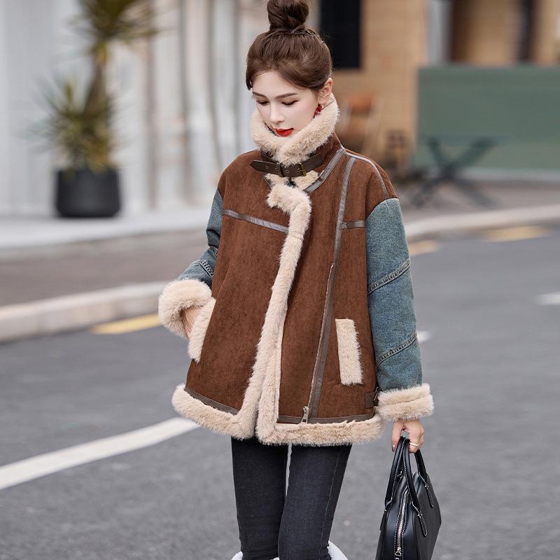 

Women s Denim Patchwork Colorblock Shearling Collar Fleece Jacket L (115-130 jin)