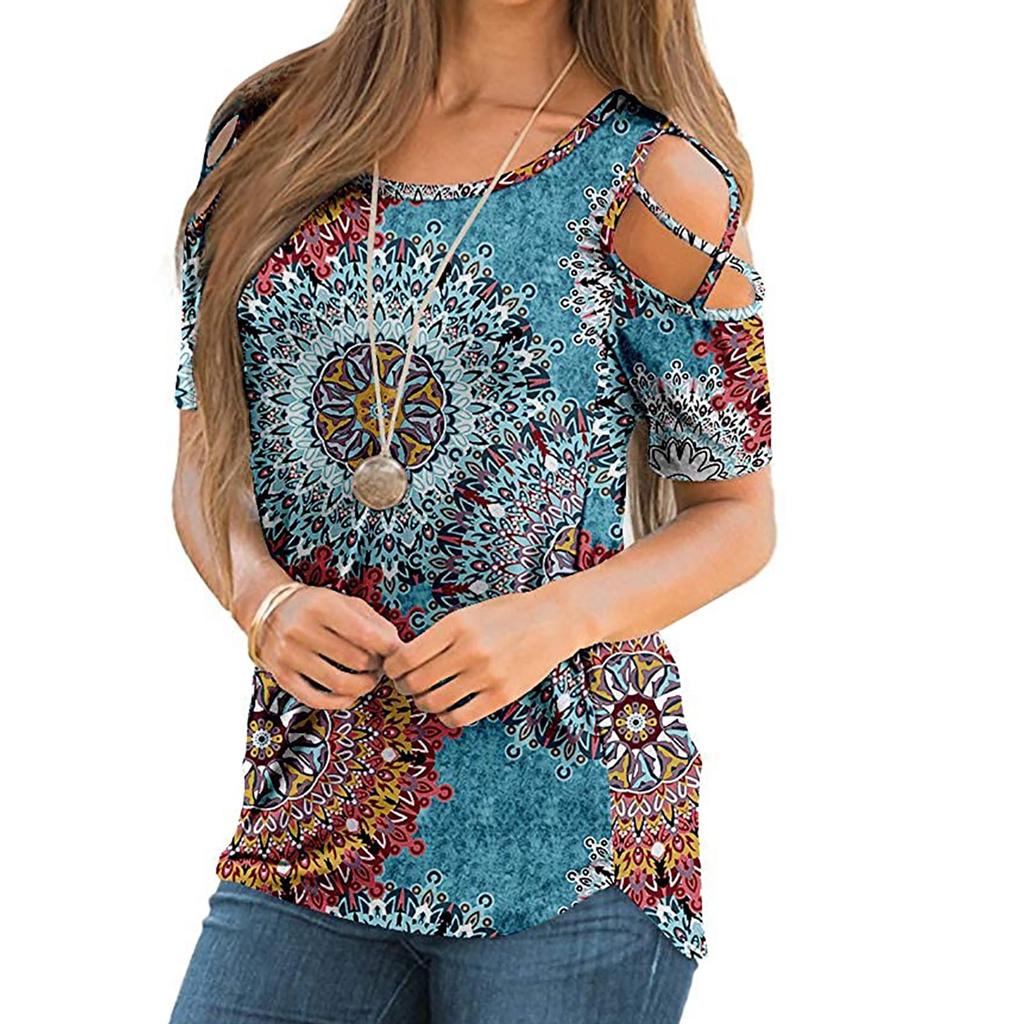 Women's Summer Printing Short Sleeve Strappy Cold Shoulder T-Shirt Tops Blouses