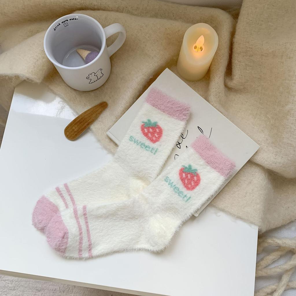 Pink Mink Fleece Socks Winter Thickening Comfortable Plush Mid Socks Thick Warm Cute Strawberry Bunny