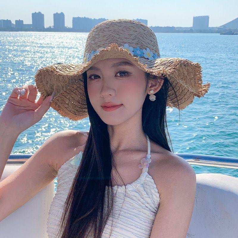 Lace straw hat women's summer bow large brim sunshade sun hat seaside vacation beach sun hat
