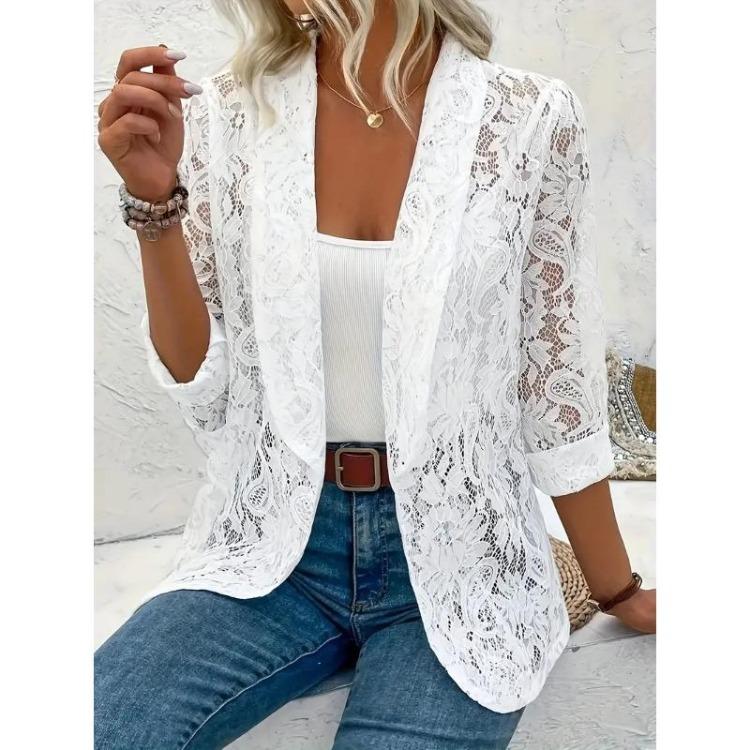

Plus Size Elegant Floral Open Top Suit Jacket Long Sleeved Womens Spring Summer Clothing S білий
