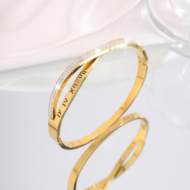 Titanium steel double-layer diamond-encrusted hollow Roman numerals open fashion non-fading
