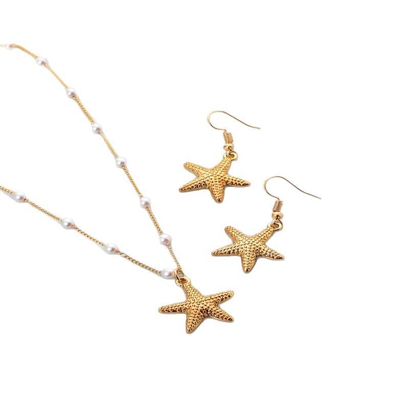 Fashion Starfish Pendant Imitation Pearl Necklace Earrings Set For Women Ocean Style Jewelry