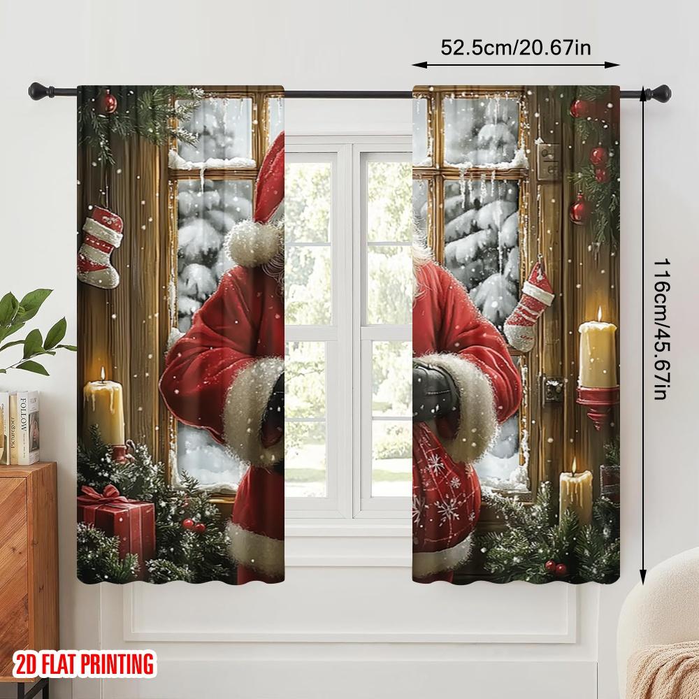 2pcs,2D Plane Printing Minimalist Curtains Santa Claus Snowflakes Holiday Spirit (2) 100% Polyester (without Rod) Art Deco
