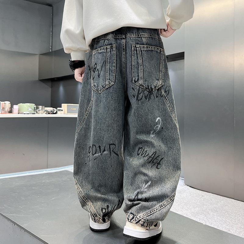 Négy Évszak Gyerek Szigetelt Kopott Farmer Nadrág Betűvel Fiúknak Vastag Hő-Denim Nadrág Gyerek Nadrág