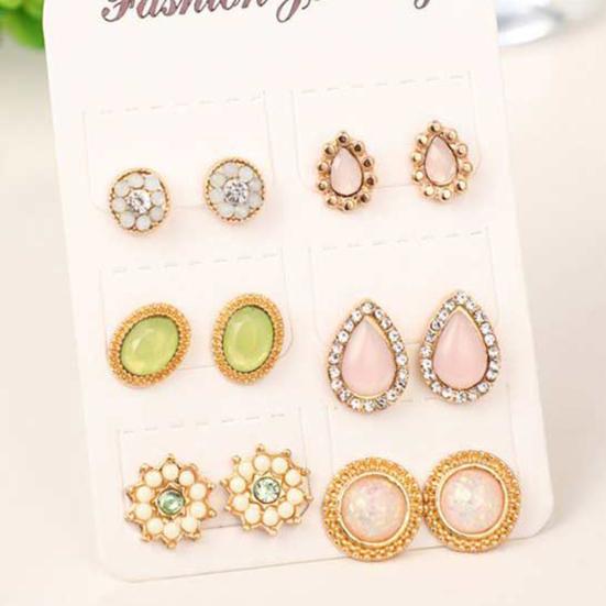 6Pairs Women Water Drop Flower Rhinestone Faux Opal Ear Studs Earrings