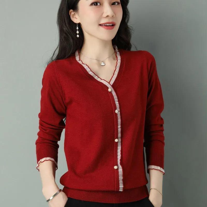 

Новая осенняя базовая рубашка для молодых мам, тонкий вязаный топ с коротким V-образным вырезом в иностранном стиле для женщин S красный