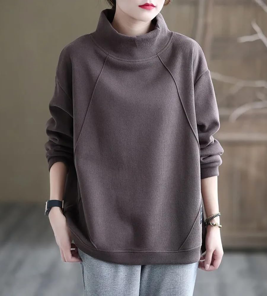 Celetree High Long Plus Solid Warm for and Winter Women's Sweatshirt, Neck, Fleece-Lined, Sleeves, Sizes, Color, Spring, Autumn, (JP, Alphabet, XL,
