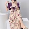 Short-sleeved cotton silk nightgown women's summer square collar improved Hanfu national style cotton silk skirt loungewear can be worn outside 