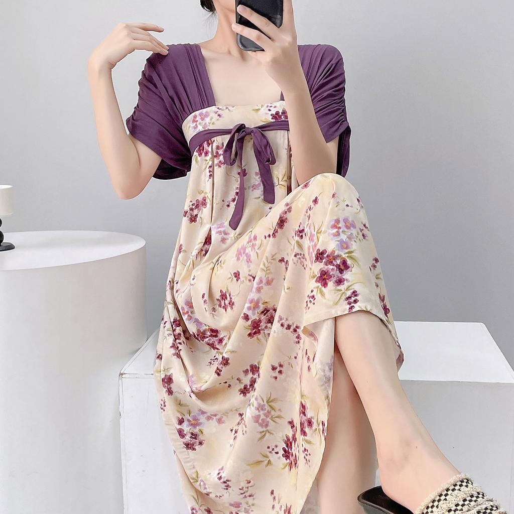 Short-sleeved cotton silk nightgown women's summer square collar improved Hanfu national style cotton silk skirt loungewear can be worn outside