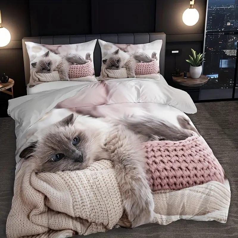 Comfortable Cat Three-Piece Bedding, Soft And Breathable Animal Pattern Duvet Cover Decoration For All Seasons