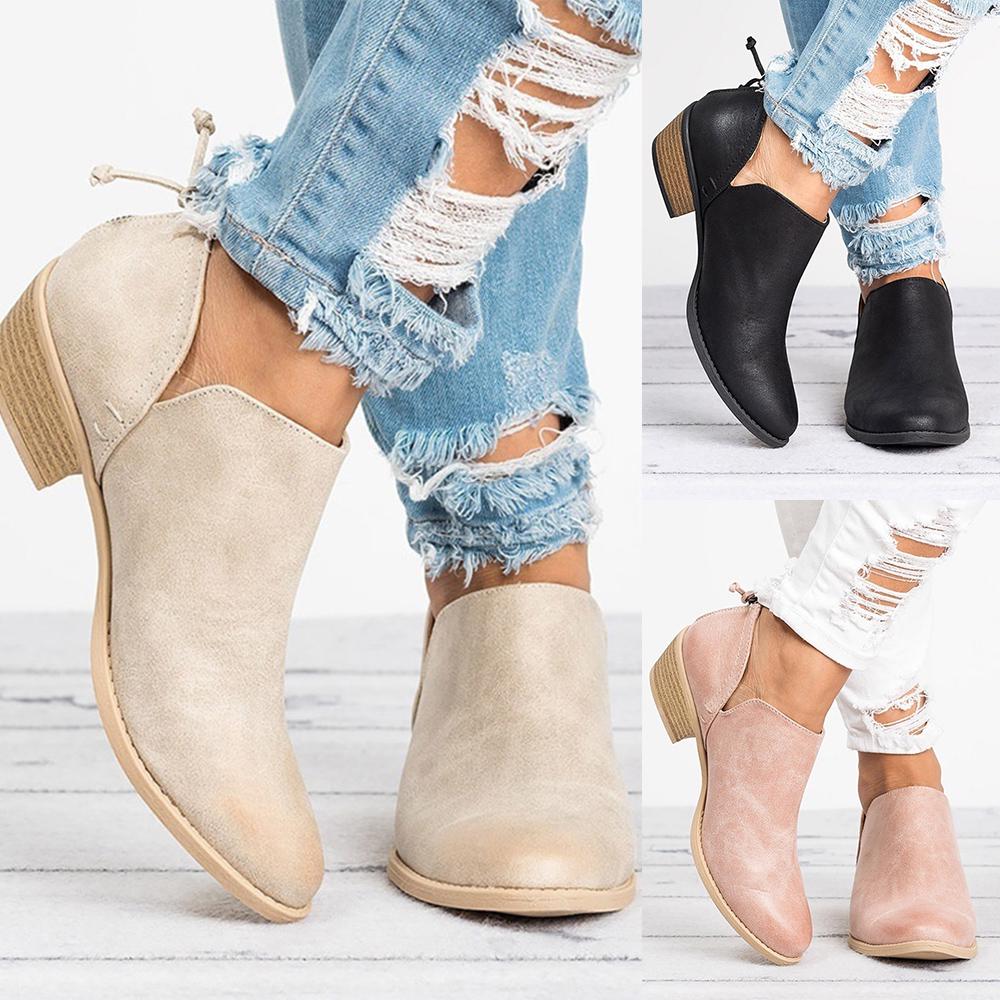 Buy Women Casual Low Chunky Heel Back Zipper Boots Solid Leather Ankle