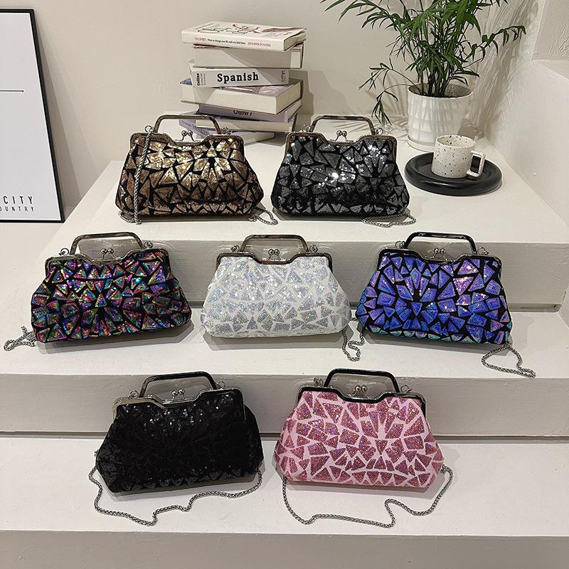 Bag new 2025 European and American fashion sequins colorful portable dinner bag ins women's retro clip shell bag