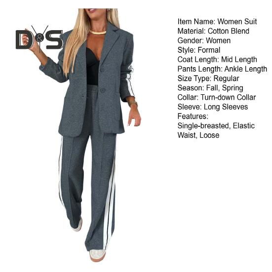 2-teiliges Set mit formellem Mantel und Hose für Damen, Umlegekragen, einreihig, lange Ärmel, Jacke, lockere, gestreifte Hose mit weitem Bein, lässige Alltagskleidung zum Pendeln