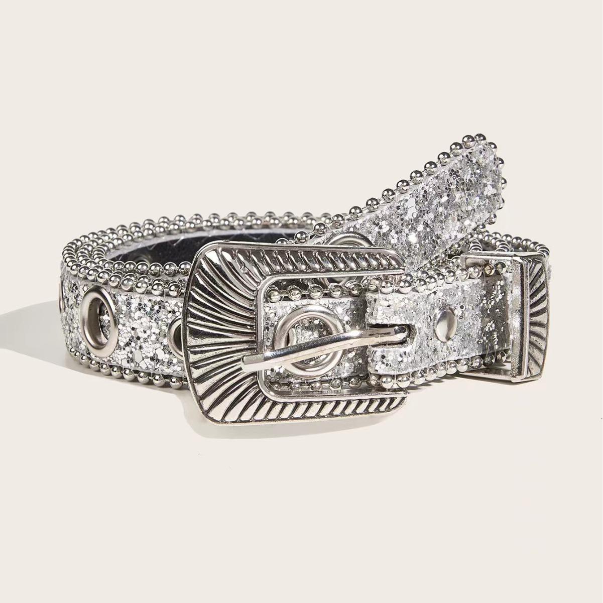 Carved Buckle Belt Women S Thin Belt Decorative Personality Sequined Jeans Belt Design (M size) 103cm long