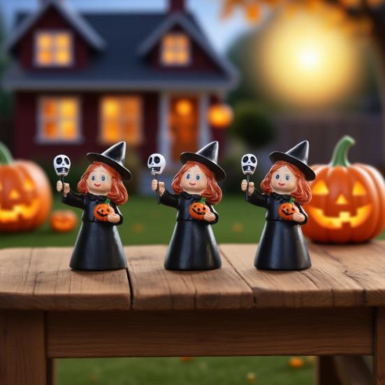3Pcs Halloween Witch Figurine Holding Skull Pumpkin Cartoon Witch Resin