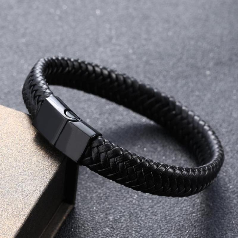 Bracelet en cuir tressé noir pour hommes, Bracelet infini en métal, fermoir magnétique, manchette, cadeau d'anniversaire
