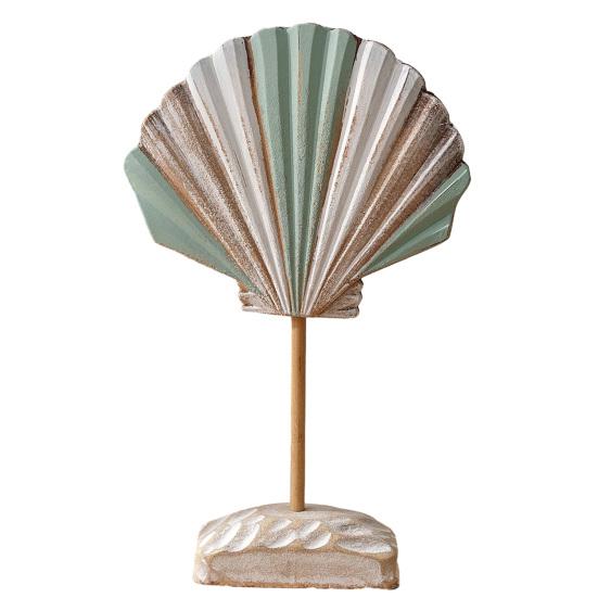 

Summer Wooden Shell Ornament with Base Handmade Coastal Seashell Shape Figurine Beach Ocean Tabletop Centerpiece for Living Room Bathroom