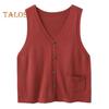 Damska kamizelka dziewiarska z dekoltem w serek, bez rękawów, jednorzędowa, ciepła, jednokolorowa, luźna, dzianinowa, bezrękawnik z kieszeniami