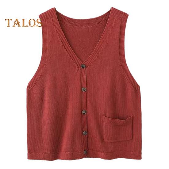 Damska kamizelka dziewiarska z dekoltem w serek, bez rękawów, jednorzędowa, ciepła, jednokolorowa, luźna, dzianinowa, bezrękawnik z kieszeniami