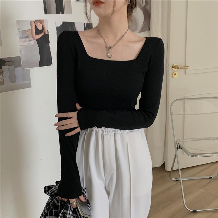 Camisetas negras cortas para mujer, camisetas ajustadas de manga larga, camisetas informales lisas con cuello cuadrado.