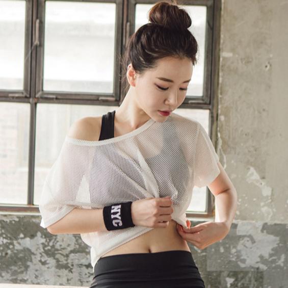 Fitness Women's Loose Short-sleeved Running Perspective Hollowed-out Sports Mesh Clothing, Mesh Breathable Quick-drying Yoga Clothing
