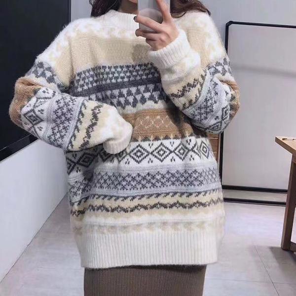 Dame Vår Høst Hverdagsgensere Stor Størrelse Rund Hals Strikkede Pullover Løse Stripete Pull Jumper Hverdagstopper