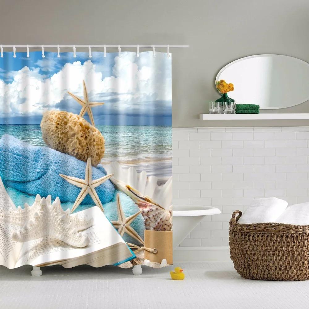 Küstenlandschaft Strand Muscheln Duschvorhänge Seestern Schneckenhaus Blaues Brett Palmen Sonnenuntergang Naturlandschaft Badezimmervorhang Dekor