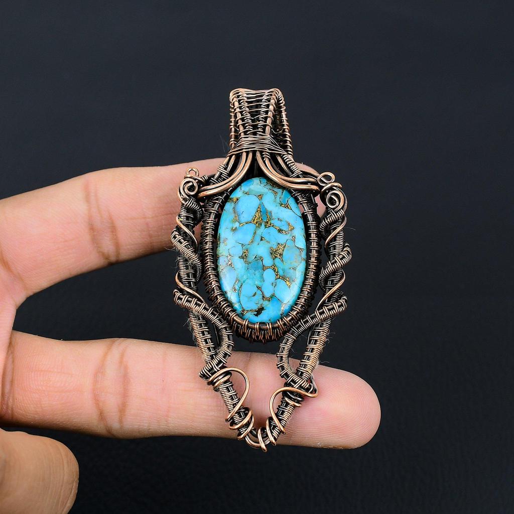 Pandantiv din sârmă de cupru turcoaz lucrat manual, bijuterii pentru femei