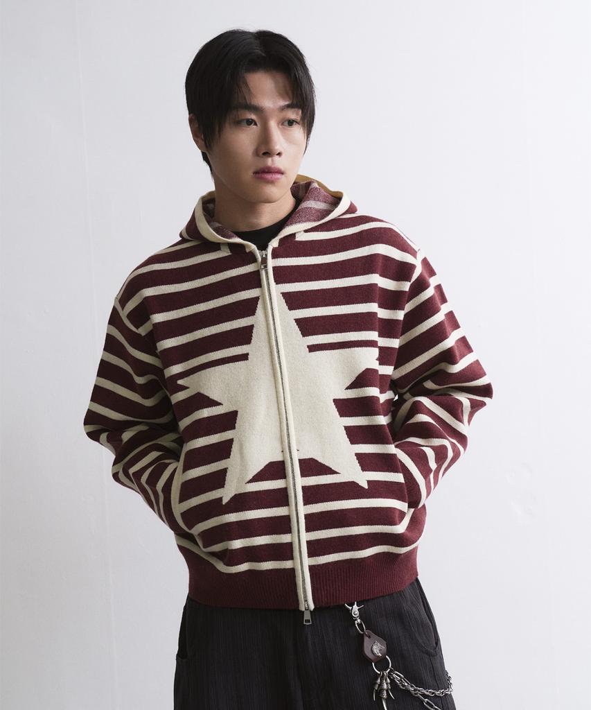 Untitled Seoul Striped Star Knit Zip-Up In Wine