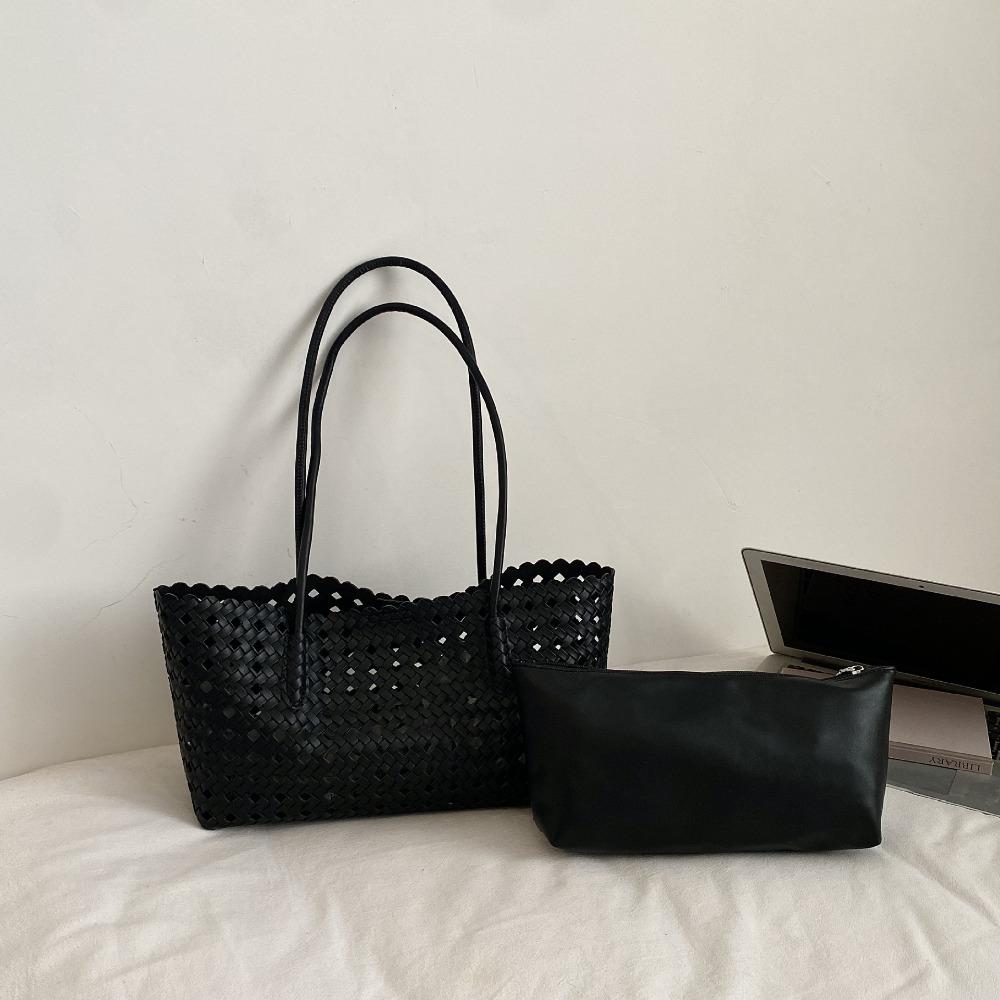 

Foldable Leather Woven Tote Bag Large Capacity Beach Handbag Leisure Vegetable Basket Bag Summer чорний