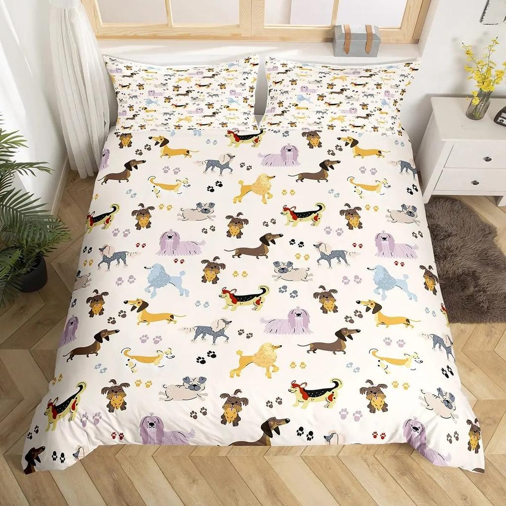 Dog Paw Print Duvet Cover Watercolor Gradient Puppy Footprints Comforter Cover with 2 Pillowcases,Funny Pets Animal Quilt Cover