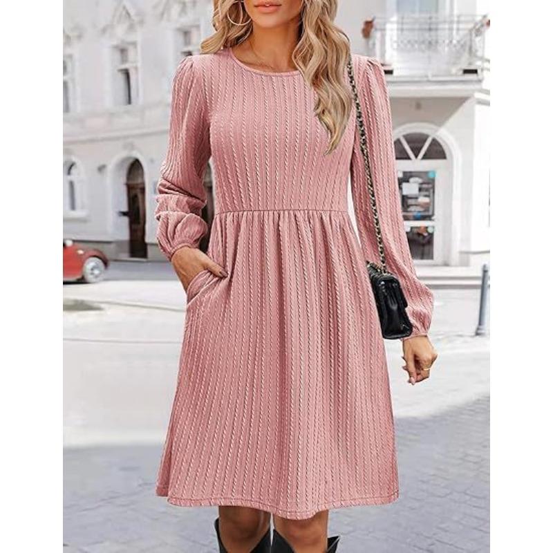 

Женский круглый вырез горловины с карманом вязаный свитер длинный рукав А-силуэт платье