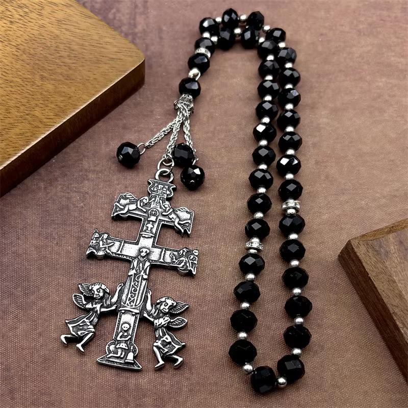 Collana Croce di Caravaca INRI Cattolica Crocifisso di Gesù Cherubino Angelo per Donne Uomini Acciaio Inossidabile Gioielli Ortodossi Russia Regalo