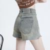 Vintage Style Irregular Ripped A-line Denim Everyday Shorts for Women Korean Latest High-waist Wide-leg Pants