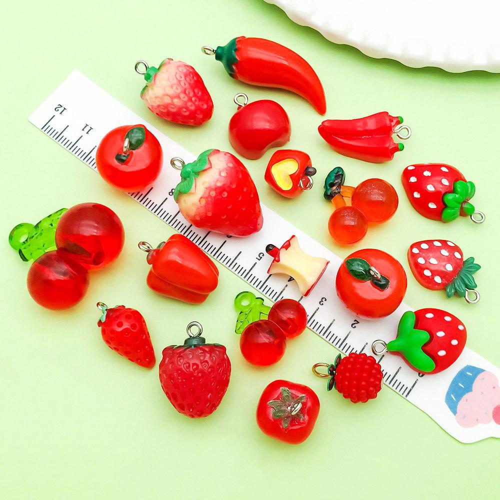 Set of 20 Red Resin 3D Fruit Charms: Strawberries and Apples for DIY Jewelry.