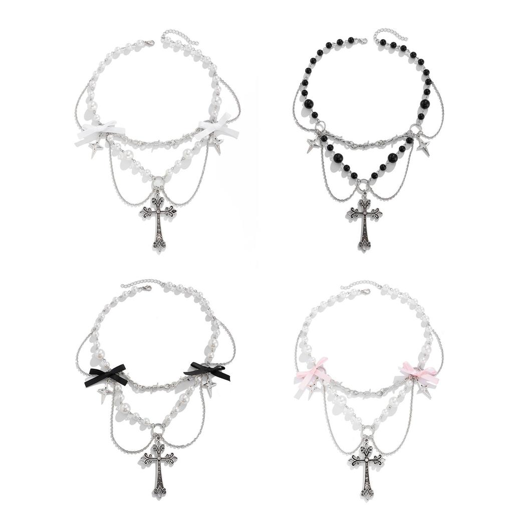 Sweet and Cool Bowknot Choker Unique Crosses Pendant Necklace with Pearls and Bowknot for a Fashion Statement