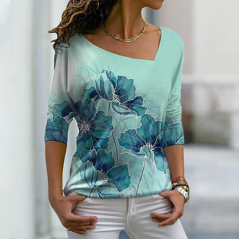 Fashion Women's T-shirt 3d Abstract V-neck Female Clothing Streetwear Short Sleeve Top Leaf Graphic T Shirt