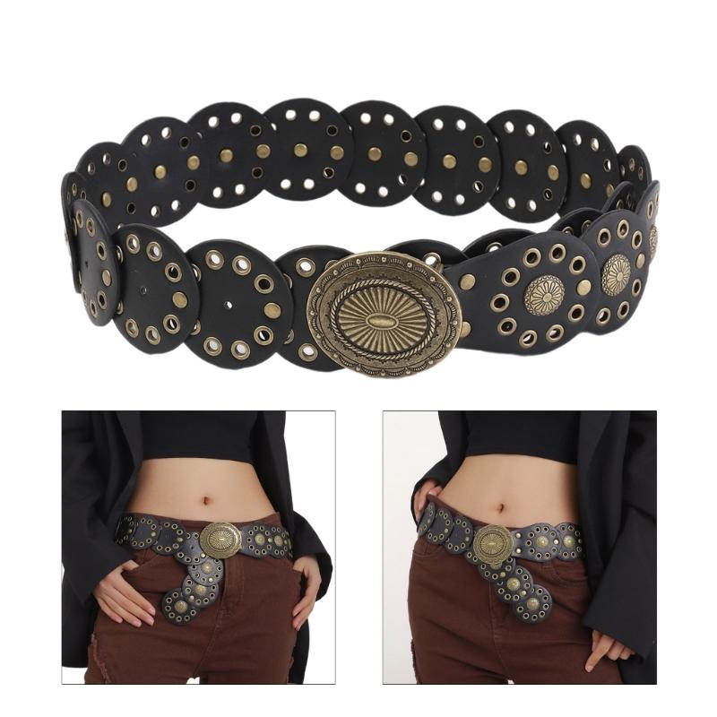 Wear Resistant Waist Belt with Round Disc Buckle Adult Motorcycle PU Waist Belts for Women Coat Dress Adjustable Length