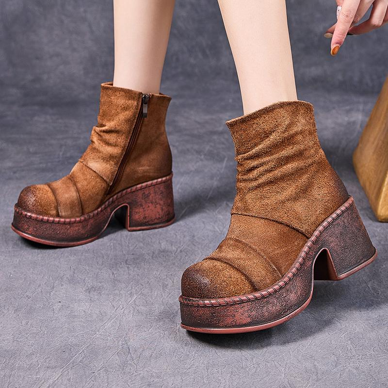 Fashion GKTINOO 2025 Winter New Thick Sole Ankle Platform Boots Side Zipper Genuine Leather Short Boots Fashion Handmade Women Shoes