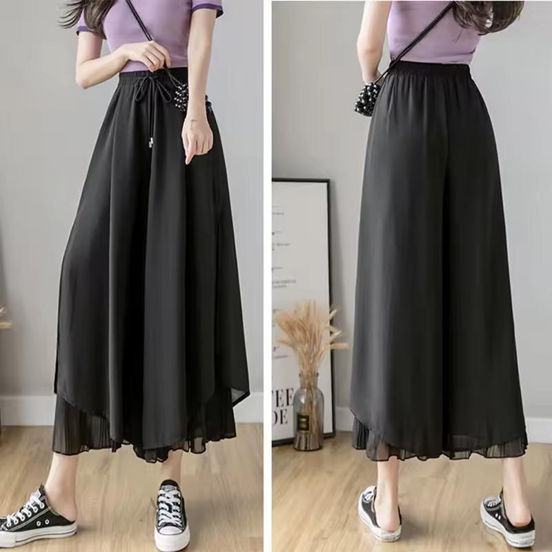 Culottes Elastisch Wijde Pijpen Onregelmatige Zoom Dubbele Laag Casual Losse Geplooide Broek