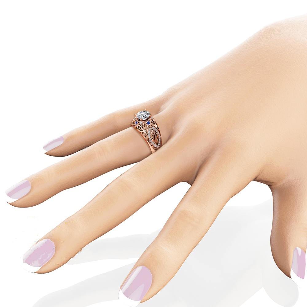Luxury Rose Gold Lady'S Ring With Hollow Floral Zircon Blue Gemstone Jewelry