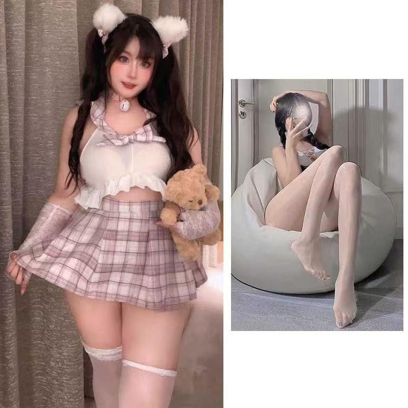 Large size 200 sex clothes, sexy plaid jk student clothing, passion lace-up hollow student uniform