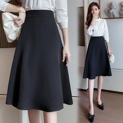 Petite Women's Black High-Waisted A-Line Pleated Mid-Length Skirt - Summer Professional Umbrella Style