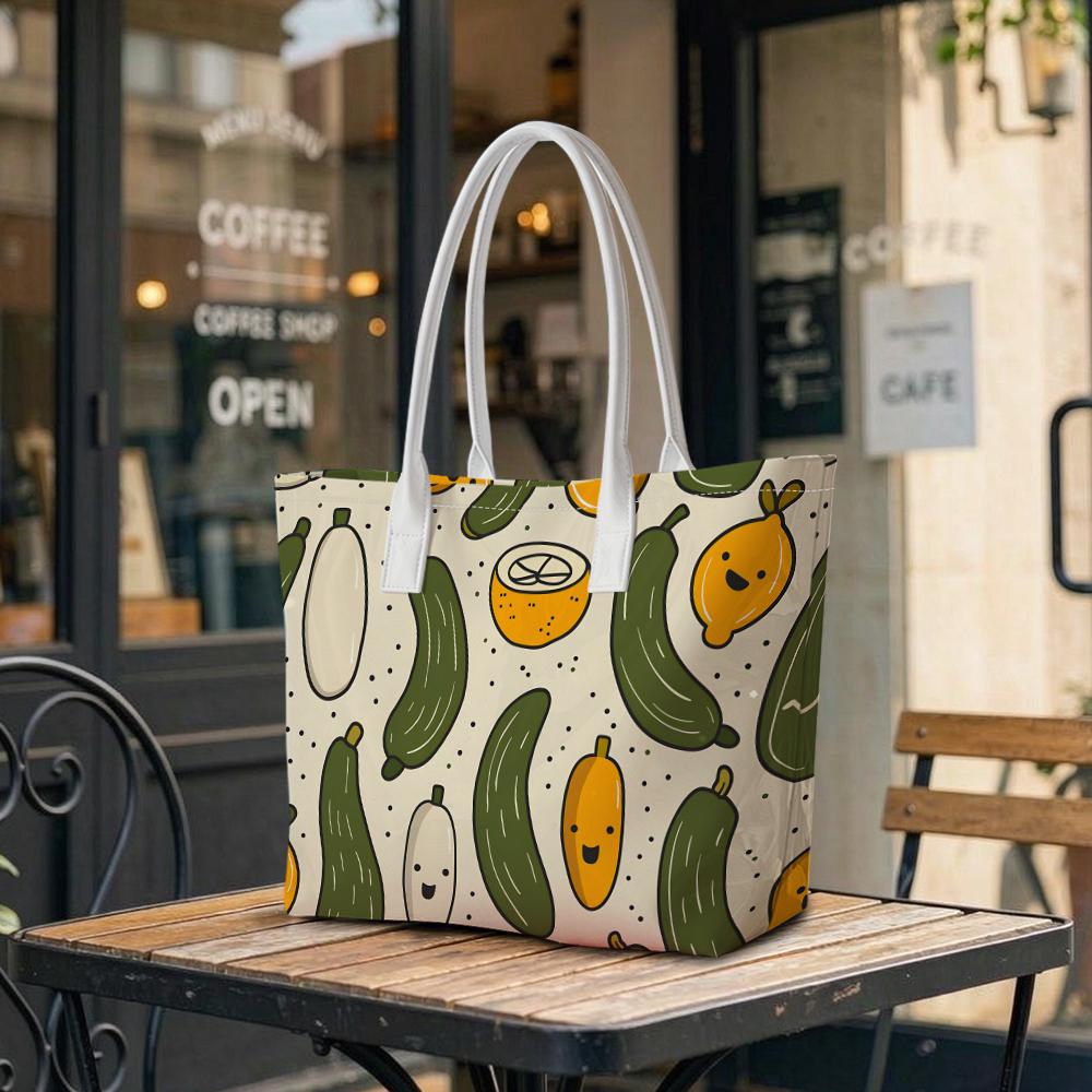 Cute Cartoon Fruit Print Handbag Casual Reusable Tote Bag for Daily Shopping Commute Lovely Lightweight Shoulder Bag