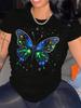 Women's Sparkling Rhinestone Butterfly T-Shirt Blue Green Glitter Print Tee Casual Crew Neck Short Sleeve Top Plus Size T Shirts