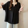 Women Casual V Neck Short Sleeve Loose Fit Solid Color Blouse